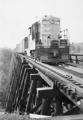 Northern Pacific diesel locomotive 557 at Wilburton, Washington, in 1952.