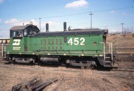 Burlington Northern diesel locomotives Number 452, Number 158, and Number 1405 at Minneapolis, Mi...