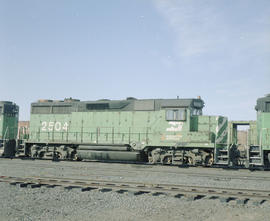 Burlington Northern diesel locomotive 2504 at Pasco, Washington in 1980.