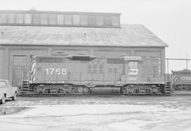 Burlington Northern diesel locomotive 1768 at Parkwater, Washington in 1976.
