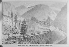 Drawing of Northern Pacific passenger trains at Stampede Pass, Washington Territory, in 1887.