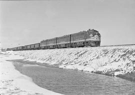 Northern Pacific diesel locomotive 6011 at Scoria, North Dakota, in 1950.
