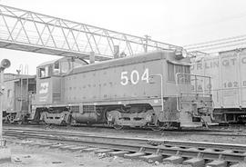 Burlington Northern diesel locomotive 504 at Clyde, Illinois in 1972.