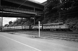 Amtrak diesel locomotives 9758 and 9760 passing under the 11th Street bridge at Tacoma, Washingto...