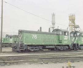 Burlington Northern diesel locomotive 76 at Tulsa, Oklahoma in 1982.