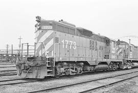 Burlington Northern diesel locomotive 1773 at Portland, Oregon in 1976.