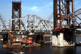 Burlington Northern Railroad Company bridge replacement at Portland, Oregon in 1989.