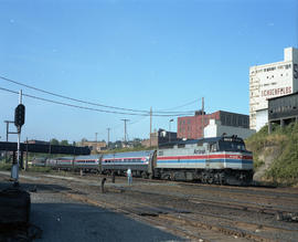 Amtrak diesel locomotive 228 at Tacoma, Washington, circa 1985.