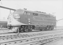 Spokane, Portland & Seattle Railway diesel locomotive number 801 at Pasco, Washington in 1948.