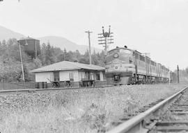 Northern Pacific diesel locomotive 6005 at Kanaskat, Washington, in 1945.