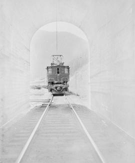 Great Northern Railway electric locomotive number 5010 at Stevens Pass, Washington, undated.