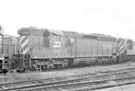 Burlington Northern diesel locomotive 6242 at Clyde, Illinois in 1972.