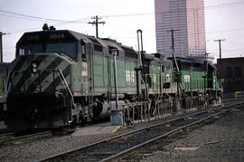 Burlington Northern Railroad Company diesel locomotive 6645 at Portland, Oregon in 1985.