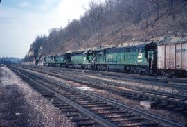 Burlington Northern Diesel Locomotives Numbers 5764 and 5750 and 6910 and 5712 at Daytons Bluff, ...