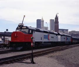 Amtrak diesel locomotive 574 at Seattle, Washington in 1974.