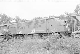 Burlington Northern diesel locomotive 828 at Ovina, Nebraska in 1972.