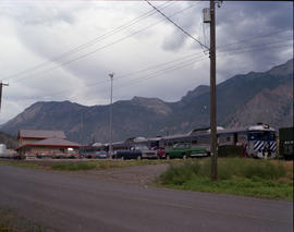 British Columbia Railway Company rail diesel cars at Lillooet, British Columbia in August 1990.