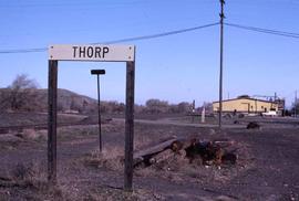 Burlington Northern station sign at Thorp, Washington, in 1987.