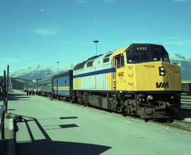 VIA Rail Canada passenger train 6452 at Jasper, Alberta on July 10, 1990.