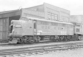 Burlington Northern diesel locomotive 808 at Seattle, Washington in 1974.