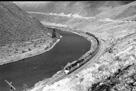 Amtrak passenger train number 8 in Yakima River Canyon, Washington on November 17, 1977.