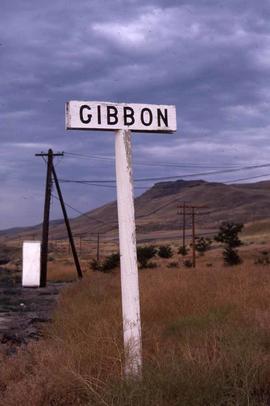 Burlington Northern station sign at Gibbon, Washington, in 1986.