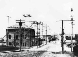 Interurban railroad electrical substation  at Renton, Washington, circa 1910.