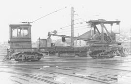 Seattle Municipal Railway crane car at the North Seattle carbarn, Seattle, Washington, undated.