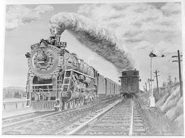 Painting of Northern Pacific steam locomotive 2626 near Bucoda, Washington, circa 1952.