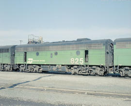 Burlington Northern diesel locomotive 825 at Auburn, Washington in 1979.