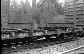 Burlington Northern flat car 631386 between Bucoda and Tenino, Washington, circa 1974.