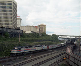 Amtrak diesel locomotives 538 and 642 at Tacoma, Washington in April 1979.