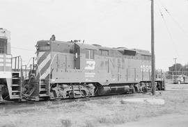 Burlington Northern diesel locomotive 1998 at Sheridan, Wyoming in 1972.