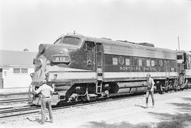 Burlington Northern diesel locomotive 812 at Bonners Ferry, Idaho in 1971.