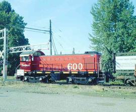 Simpson Timber Company Diesel Locomotive Number 600 at Shelton, Washington in 1974.