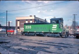 Burlington Northern diesel locomotive Number 230 at Dubuque, Iowa in 1980