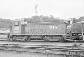 Burlington Northern diesel locomotive 199 at Dayton's Bluff, Minnesota in 1973.