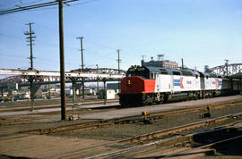 Amtrak diesel locomotive 571 at Portland, Oregon in 1975.