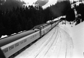 Amtrak diesel locomotive at New Stampede, Washington on January 19, 1972.