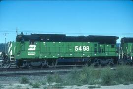 Burlington Northern diesel locomotive 5498 at Parkwater, Washington in 1987.