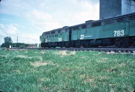 Burlington Northern diesel locomotives Number 768, Number 783 at Carlisle, Minnesota in 1980