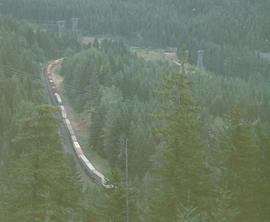 Burlington Northern freight train at Borup, Washington in 1985.