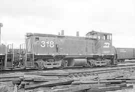 Burlington Northern diesel locomotive 318 at Dayton's Bluff, Minnesota in 1973.