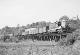 Northern Pacific diesel locomotive 557 at Quendall, Washington, in 1952.