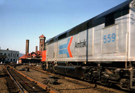 Amtrak diesel locomotive 559 at Portland, Oregon in 1975.