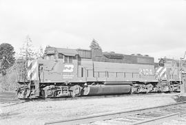 Burlington Northern diesel locomotive 2104 at Hoquiam, Washington in 1976.