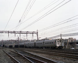 New Jersey Transit Lines passenger train at Hoboken, New Jersey in April 1988.