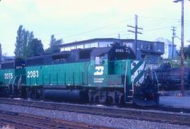 Burlington Northern 2083, Burlington Northern 2075 at Bellingham, Washington in 1986.