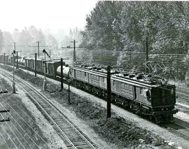 Chicago, Milwaukee, St. Paul and Pacific Railroad freight train at Allentown, Washington in 1949.