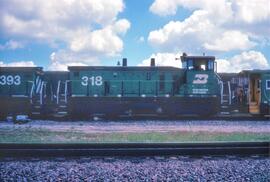 Burlington Northern diesel locomotive Number 318 at unknown location in 1979